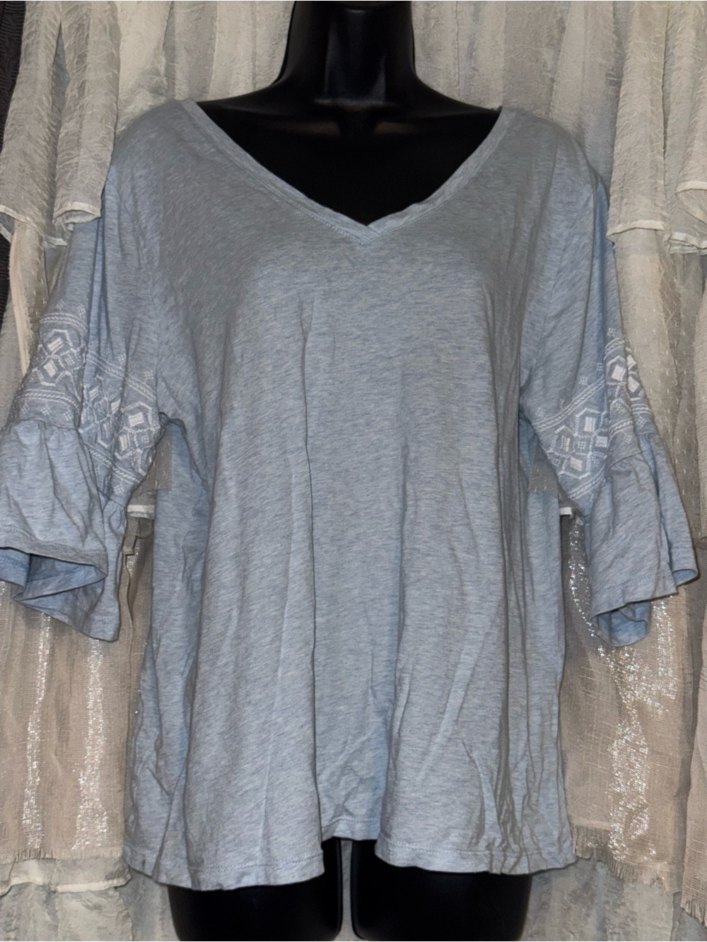 J. Jill Light Blue V-Neck Tunic with Embroidered Ruffle Sleeves